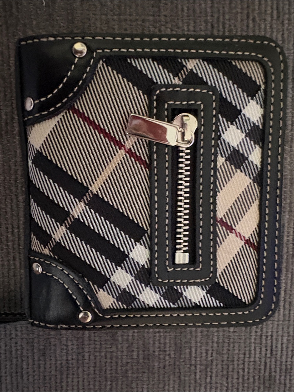Burberry Plaid Zip Accent Wallet in Black and Cream